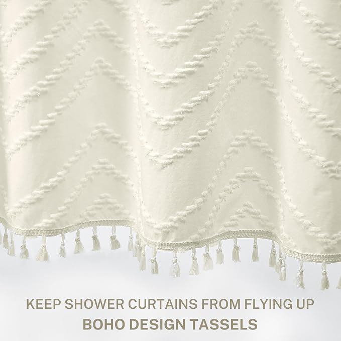 Siiluminisoy Farmhouse Boho Shower Curtain, Woven Fabric Cream Long, 72 x 78, Tufted Chevron Striped Modern Chic Textured Minimalist Bathroom Curtain