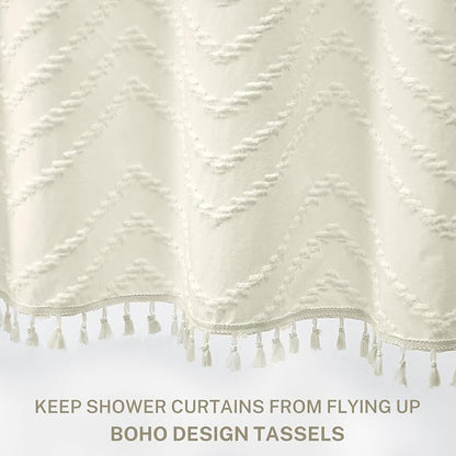 Siiluminisoy Farmhouse Boho Shower Curtain, Woven Fabric Cream Long, 72 x 78, Tufted Chevron Striped Modern Chic Textured Minimalist Bathroom Curtain