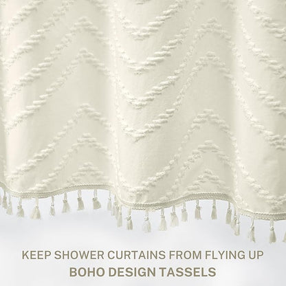 Boho Farmhouse Shower Curtain, 72 x 72 Tufted Chevron Textured Striped Modern Farmhouse Minimalist Cream Shower Curtain for Bathroom
