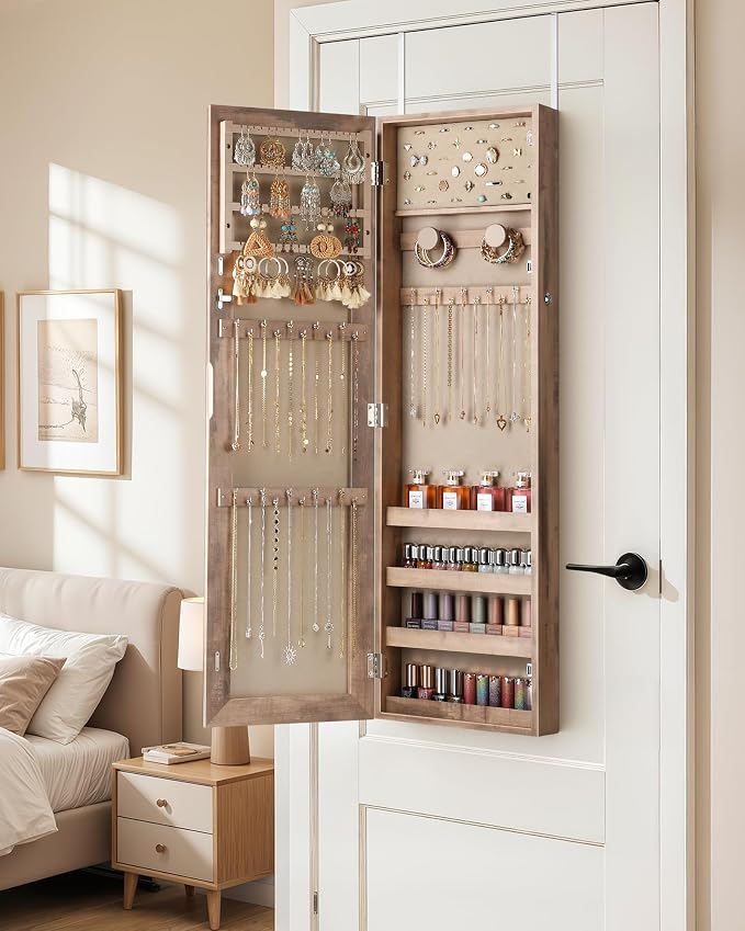 Nicetree Mirror Jewelry Cabinet, Full Length Mirror, Wall Mounted, Oak | Lockable Jewelry Armoire Organizer, Hanging Mirror with Jewelry Storage, Velvet Interior, Gift Idea,Easy Assembly