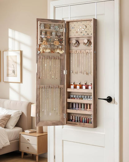 Nicetree Mirror Jewelry Cabinet, Full Length Mirror, Wall Mounted, Oak | Lockable Jewelry Armoire Organizer, Hanging Mirror with Jewelry Storage, Velvet Interior, Gift Idea,Easy Assembly