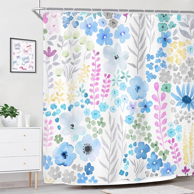 Blue Grey Floral Cute Boho Wildflower Trendy Bathroom Shower Curtain Set | 72"W x 72"H Watercolor Leaves; waterproof HD print, quick-dry fabric with 12 hooks for easy hanging.