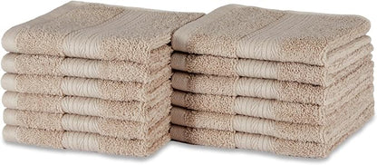 Amazon Basics Fade-Resistant Highly Absorbent 100% Cotton Washcloths, Machine Washable, 12"x12", Taupe, 12-Pack