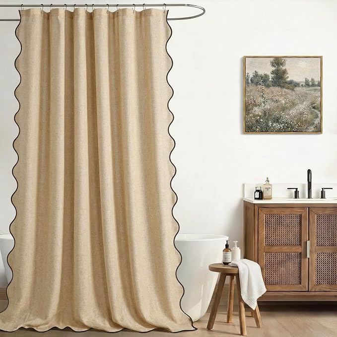 Scalloped Shower Curtain Linen Boho Flax Tan 72" W x 72" L | Linen Fabric, Black Border, Washable, Heavy Duty Cloth, Shower Curtain for Boho Farmhouse Bathroom Bathtub