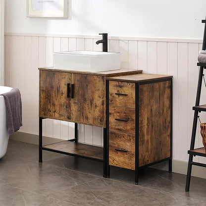 UEV 42" Rustic Brown Bathroom Vanity with Sink Combo,Industrial Iron Frame Bathroom Cabinet Sets with 3 Drawers Side Cabinet,Modern Artistic Ceramic Vessel Sink(031WH)