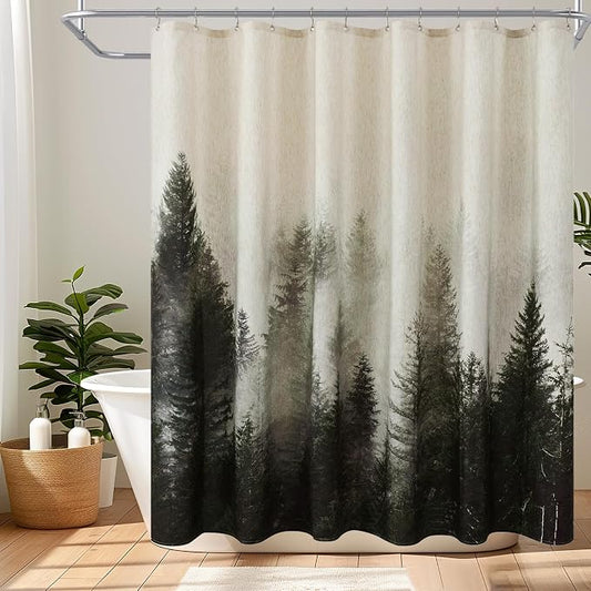 ORTIGIA Dark Green Misty Forest Linen Shower Curtain Nature Mountain Tree Woodland Shower Curtain Set for Bathroom Heavy Blend Fabric Curtains with 10 Metal Hooks 60x72 Inch