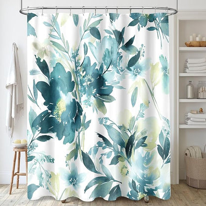 Extra Long Shower Curtain 72 x 84 Inch, Tall Teal Yellow Floral Decor | Watercolor Floral Modern Abstract Flower Bathroom Fabric Shower Curtain Set with Hooks