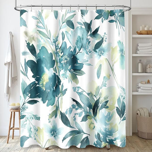 Extra Long Shower Curtain 72 x 84 Inch, Tall Teal Yellow Floral Decor | Watercolor Floral Modern Abstract Flower Bathroom Fabric Shower Curtain Set with Hooks