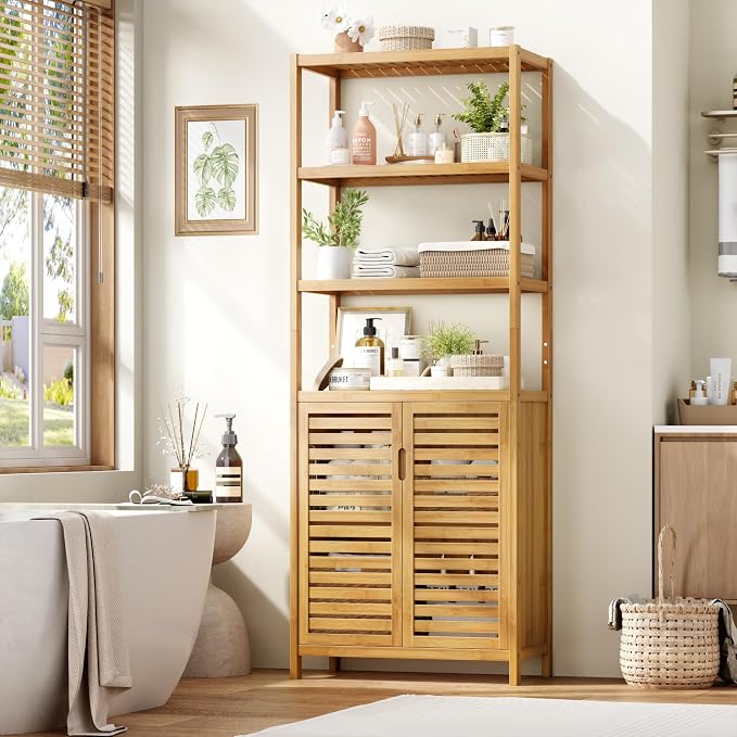 66" Tall Bathroom Storage Cabinet, Natural Bamboo Cabinet, for Narrow | Bathroom Floor Cabinet with 2 Doors & 4-Tier Open Shelves, Corner Freestanding Organizer Unit for Bath, Living Room, Entryway