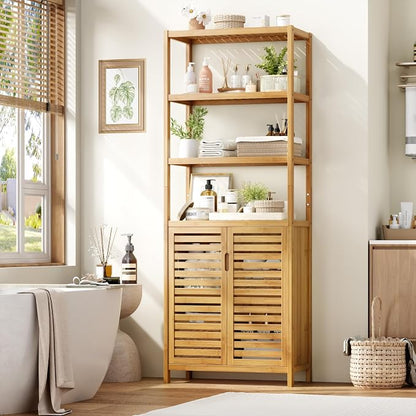 66" Tall Bathroom Storage Cabinet, Natural Bamboo Cabinet, for Narrow | Bathroom Floor Cabinet with 2 Doors & 4-Tier Open Shelves, Corner Freestanding Organizer Unit for Bath, Living Room, Entryway