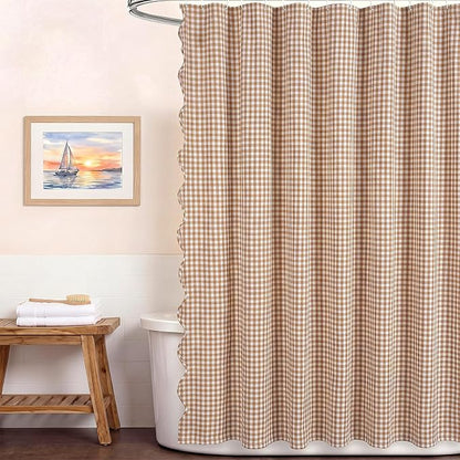 HunnmingRe Scalloped Gingham Shower Curtain Taupe | 72'' x 72'' Vintage Farmhouse Curtain, Cotton Cottage Core Rural Checkered Plaid Decor, Fall Shower Curtain for Bathroom