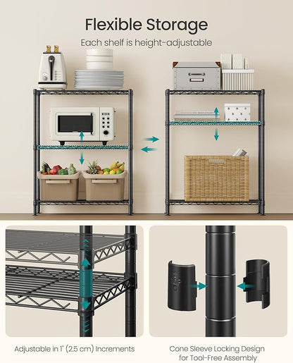 SONGMICS Storage Shelf, Metal Wire Shelving Unit, Adjustable Shelves, for Garage, Bedroom, Living Room, Kitchen, Pantry, 3 Tier, 11.8 x 23.6 x 30 Inches, Ink Black ULGR163BH01S