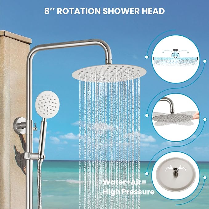 gotonovo Outdoor Shower 304 Stainless Steel, Brushed Nickel, Single Handle | Rain 8 Inch Outdoor Shower Head with Handheld Kit Fixtures System Faucet Set with Valve Wall Mount for Seaside Backyard Pool