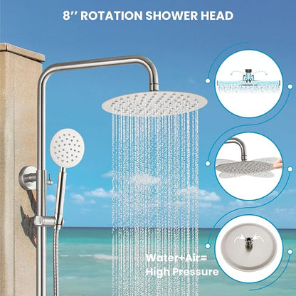 gotonovo Outdoor Shower 304 Stainless Steel, Brushed Nickel, Lever Handle | Rain 8 Inch Outdoor Shower Head with Handheld Kit Fixtures System Faucet Set with Valve Wall Mount for Seaside Backyard Pool