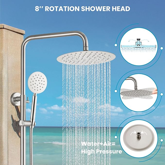 gotonovo Outdoor Shower 304 Stainless Steel, Brushed Nickel, Cross Handle | Rain 8 Inch Outdoor Shower Head with Handheld Kit Fixtures System Faucet Set with Valve Wall Mount for Seaside Backyard Pool