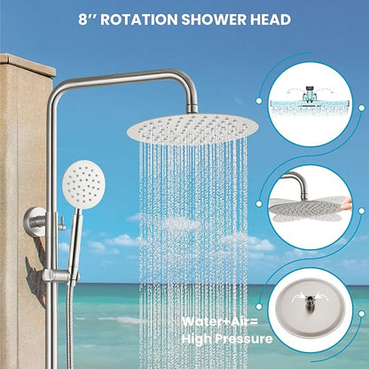 gotonovo Outdoor Shower 304 Stainless Steel, Brushed Nickel, Cross Handle | Rain 8 Inch Outdoor Shower Head with Handheld Kit Fixtures System Faucet Set with Valve Wall Mount for Seaside Backyard Pool