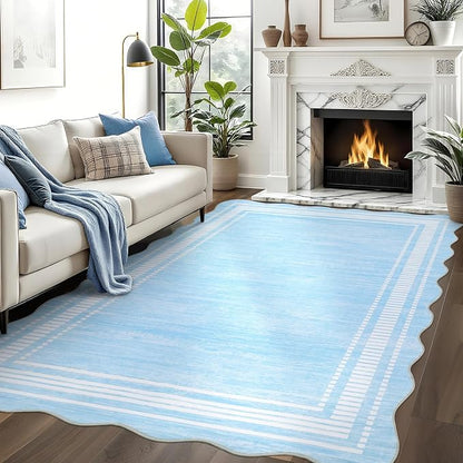 Garvee Scallop Area Rug 5x7 Washable Rugs Neutral Rug Light Blue | Rugs for Living Room, Non-Slip Soft Carpet for Bedroom, Scalloped Low-Pile Solid Accent Rug for Dining Room Home Office