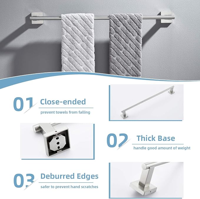 Suyar Bathroom Hardware Set Brushed Nickel, Bathroom Accessories 4 Pieces | Include Robe Hook, Toilet Paper Holder, Hand Towel Holder, Towel Bar, SUS304 Stainless Steel, Wall Mounted