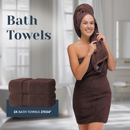 White Classic Luxury Bath Towel Set of 8 Pieces - 100% Turkish Cotton Highly Absorbent Towels for Bathroom, 2 Luxury Bath Towels 700GSM, 2 Hand Towels, 4 Washcloths, Brown