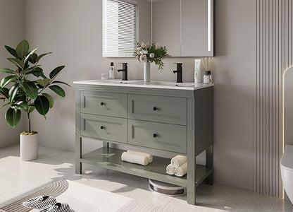 eclife 48" Bathroom Vanity with Sink Combo, Modern Painted Vanities Cabinet with Big Drawers, Opening Bottom Shelf, Raised Foot Pads, Include Undermount White Sink, Faucet & Drain, Green