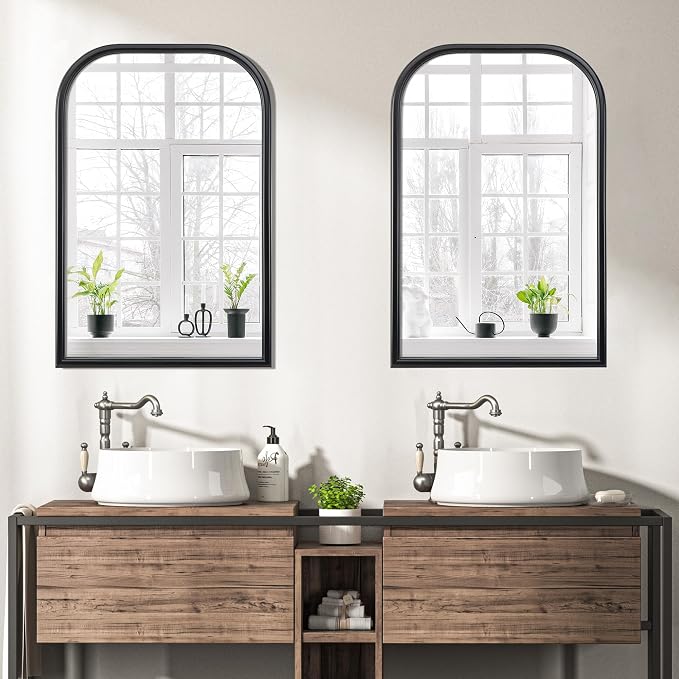 Arch Wall Mirror for Wall Mounted, Tempered Glass, Wood Grain Finish Frame Wall Mirror Decorative for Bedroom Living Room Vanity Mirror (Black, 30" L x 20" W)