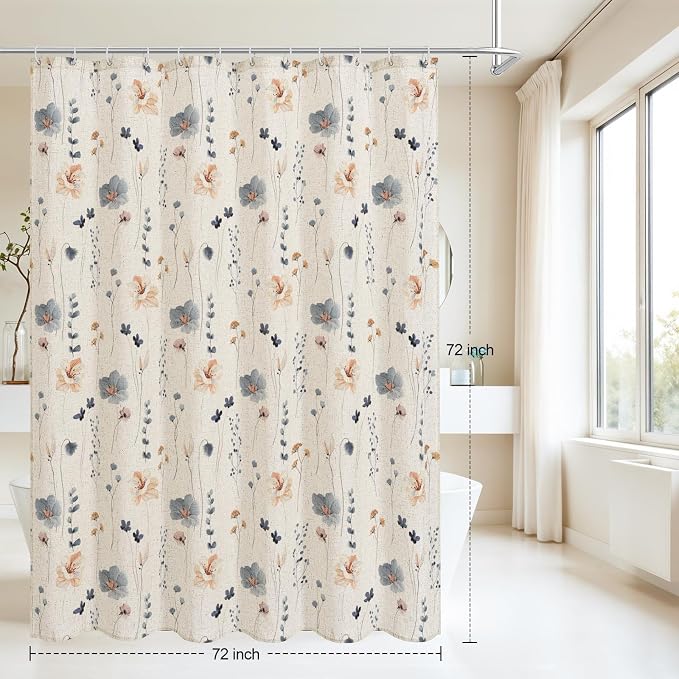 Blue Linen Watercolor Floral Fabric Shower Curtain, 72x72 | Linen Fabric, Modern Minimalist Floral Print, Machine Washable, Rustproof Grommets, for Bathroom Home
