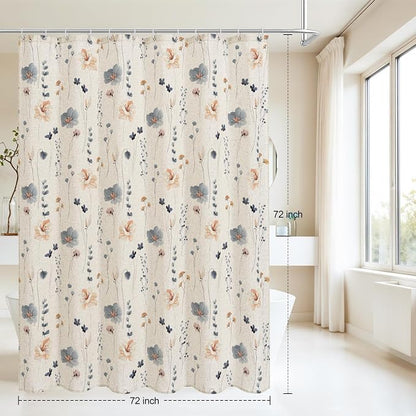 Blue Linen Watercolor Floral Fabric Shower Curtain, 72x72 | Linen Fabric, Modern Minimalist Floral Print, Machine Washable, Rustproof Grommets, for Bathroom Home