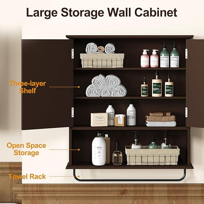 RoyalCraft Bathroom Medicine Cabinet Wall Mounted, Over the Toilet Storage Cabinet with Towel Rack and Adjustable Shelf, Large Bathroom Towel Cabinet Wall Mount 22x25 inch (Brown)