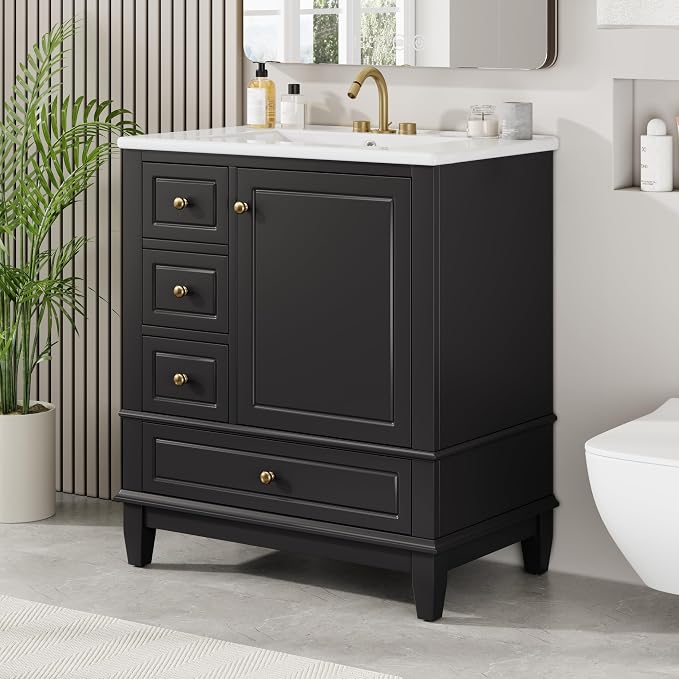 30" Vanity with Sink, Bathroom Vanities 30 Inch with Sink, Single Sink Bathroom Vanity with Shelf and Three Drawers, Soft Close Door, Restroom Vanity with Sink Top (Black)