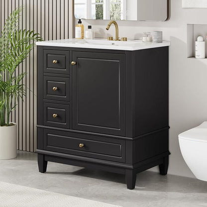 30" Vanity with Sink, Bathroom Vanities 30 Inch with Sink, Single Sink Bathroom Vanity with Shelf and Three Drawers, Soft Close Door, Restroom Vanity with Sink Top (Black)