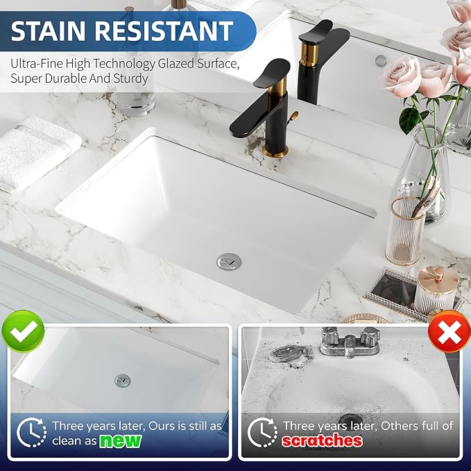 Undermount Bathroom Sink Rectangle, Hugsleek Interior Bowl Size 19 x 12 inch White Porcelain Ceramic Vessel Sink Under Counter Exterior Size 20.5x13in Rectangular Bath Sink Basin Lavatory Fireclay