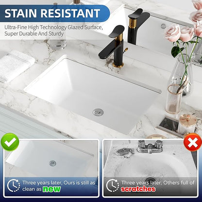 Undermount Bathroom Sink Rectangle, Hugsleek Interior Bowl Size 19 x 12 inch White Porcelain Ceramic Vessel Sink Under Counter Exterior Size 20.5x13in Rectangular Bath Sink Basin Lavatory Fireclay