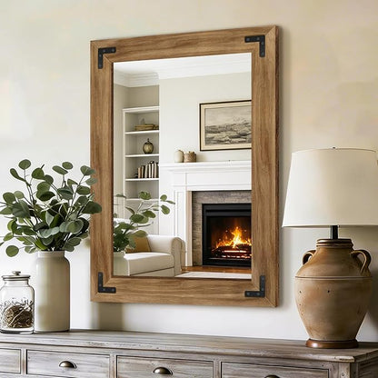 AMOISE Farmhouse Bathroom Vanity Mirror 32"x24" Vintage Rustic Wall Mirror | Wood Frame, Over Sink Mirror for Bathroom, Entryway, Bedroom, Living Room, Vertical or Horizontal Hanging