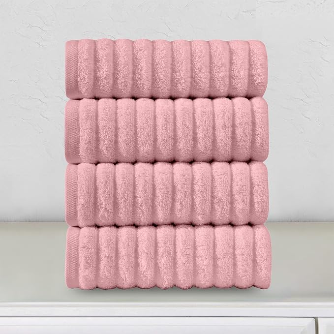 Elegant Comfort Luxury 100% Turkish Cotton Corduroy Ribbed 4 Pack Hand Towel Set 16 x 28 Inch - Absorbent, Super Soft, Quick Dry, Premium Towels for Bathroom, Gym, Spa and Hotel Use, Dusty Rose