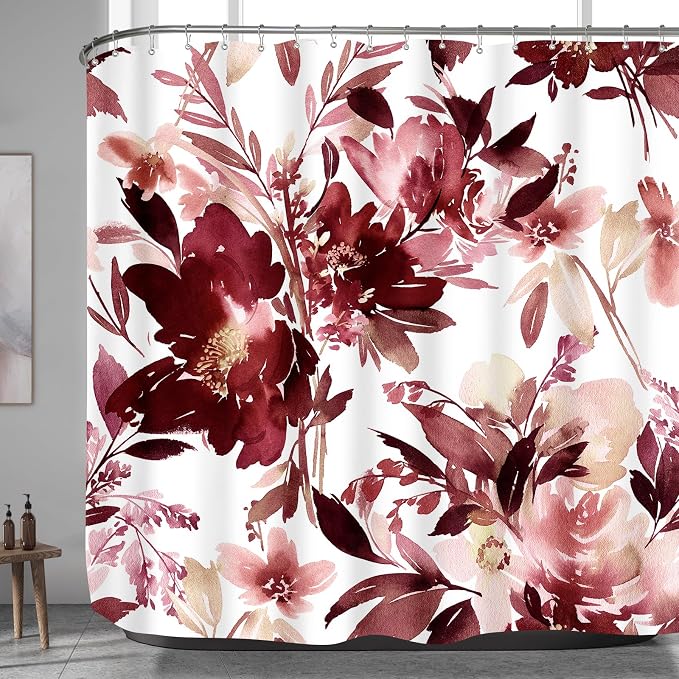Extra Wide Flower Shower Curtain 108 x 72 for Claw Foot Tub, Burgundy Red | Modern Watercolor Floral 108 inch Long Shower Curtain Set with 18 Pack Plastic C-Hooks