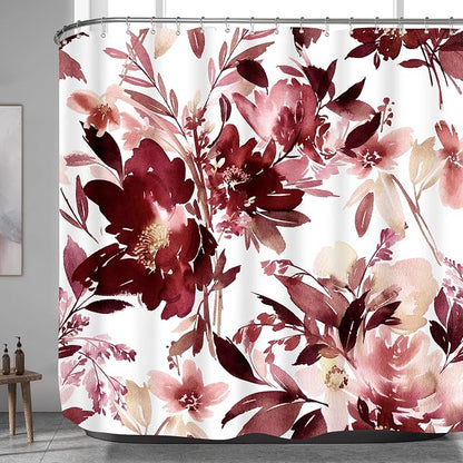 Extra Wide Flower Shower Curtain 108 x 72 for Claw Foot Tub, Burgundy Red | Modern Watercolor Floral 108 inch Long Shower Curtain Set with 18 Pack Plastic C-Hooks