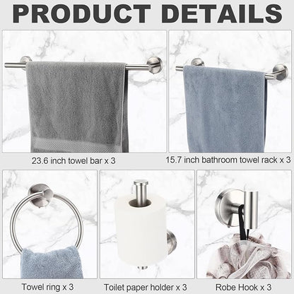 Gisafai 25 Pcs Brushed Nickel Bathroom Accessories Hardware Set Silver Towel Racks for Bathroom SUS304 Stainless Steel 23.6 Inch Brushed Towel Bar Ring Toilet Paper Holder Robe Hooks Wall Mounted