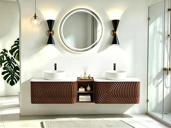 72" Floating Bathroom Vanity with Double Sink, Mid-Century Wall Mounted Bathroom Vanity Cabinet with Wood Waved Decor, Ceramic Vessel Basin, Sintered Stone Top, Soft Close Drawer, Side Open Cube