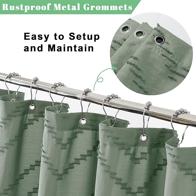 Extra Long Sage Green Boho Shower Curtain, Chic Tufted Chevron Striped Textured Fabric Cloth Shower Curtains with Tassel for Bathroom, Soft Hotel Style Farmhouse, Machine Washable, 72x84