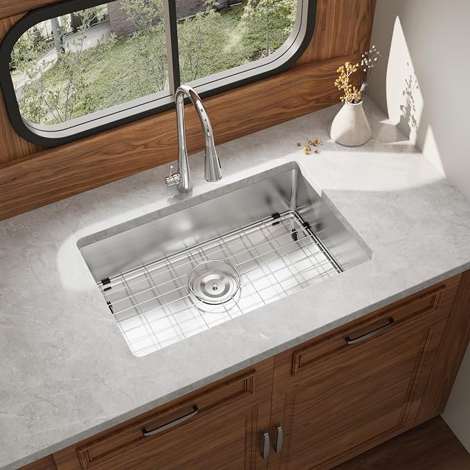 Kitsitchen RV Kitchen Sink,16 Guage T304 Stainless Steel Undermount Kitchen Sinks with Sink with Strainer & Bottom Gird, 25" x 15" x 7" Single Bowl Drop In Kitchen Sink For RV, Outdoor,Bathroom