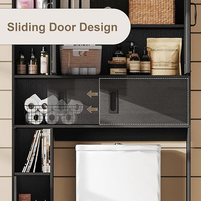ChooChoo Over The Toilet Storage Cabinet, Farmhouse Bathroom Shelf Over Toilet with Adjustable Shelves, Above Toilet Storage Cabinet with Sliding Door for Bathroom, Laundry Room, Black