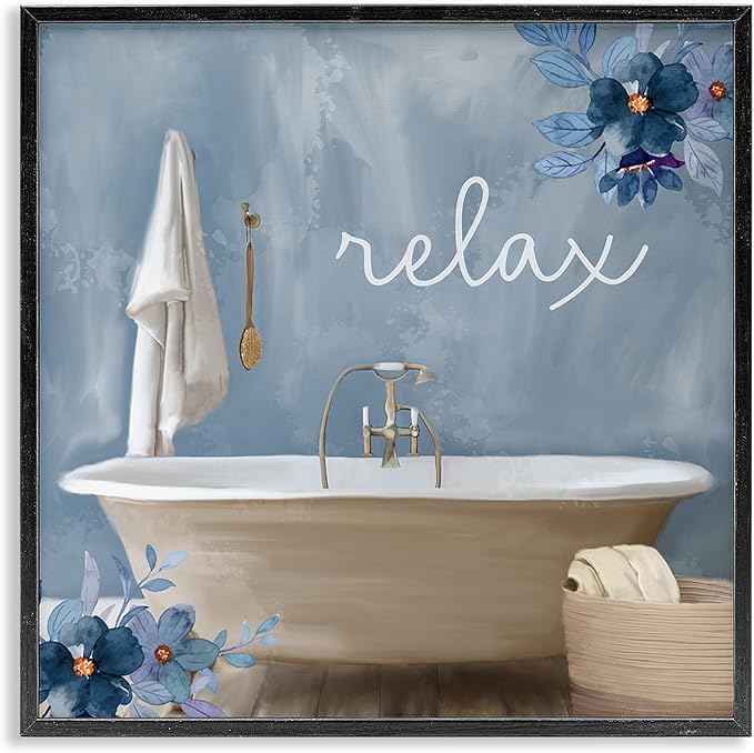 Blue Floral Bathroom Relax Scene, 17 x 17 Inch Framed Giclée Print | Stupell Industries · By Kim Allen · Ready to hang · Perfect for bath or laundry decor · Made in USA