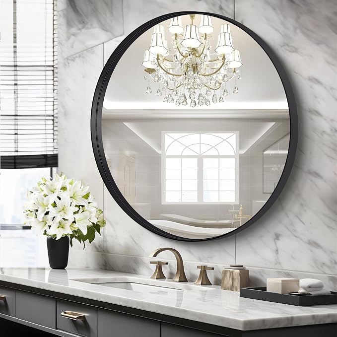 Black Round Mirror 32 inch Deep Frame Circle Mirror, Metal Framed Bathroom Mirror, Round Vanity Mirror, Circle Mirrors for Wall Entryway Bedroom Living Room Hallway