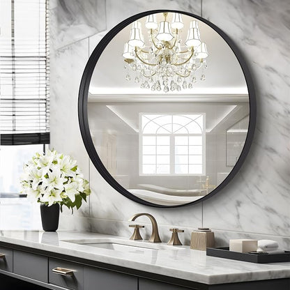 Black Round Mirror 32 inch Deep Frame Circle Mirror, Metal Framed Bathroom Mirror, Round Vanity Mirror, Circle Mirrors for Wall Entryway Bedroom Living Room Hallway