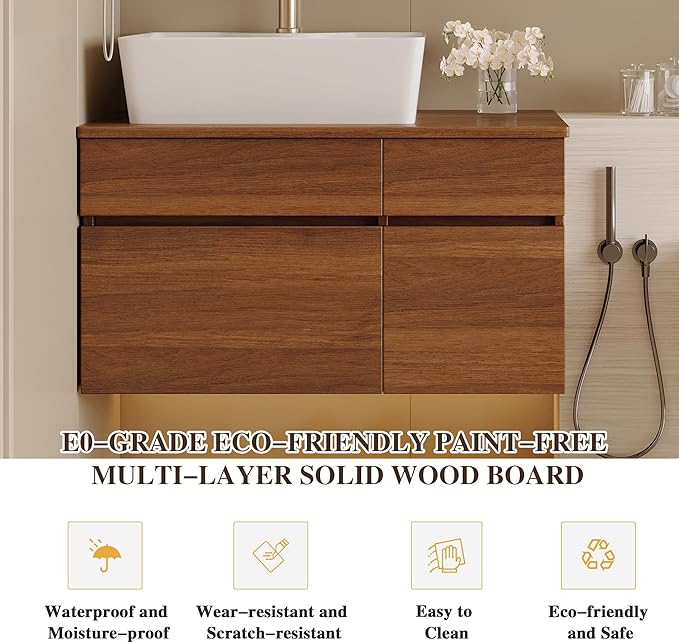 31.5 inch Wood Bathroom Vanity with Sink Combo, Wall Mounted Bathroom Cabinet with Ceramic Vessel Sink, 2 Soft Close Doors & Sliding Drawer, Floating Modern Bathroom Vanity for Small Space, Walnut
