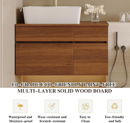 31.5 inch Wood Bathroom Vanity with Sink Combo, Wall Mounted Bathroom Cabinet with Ceramic Vessel Sink, 2 Soft Close Doors & Sliding Drawer, Floating Modern Bathroom Vanity for Small Space, Walnut