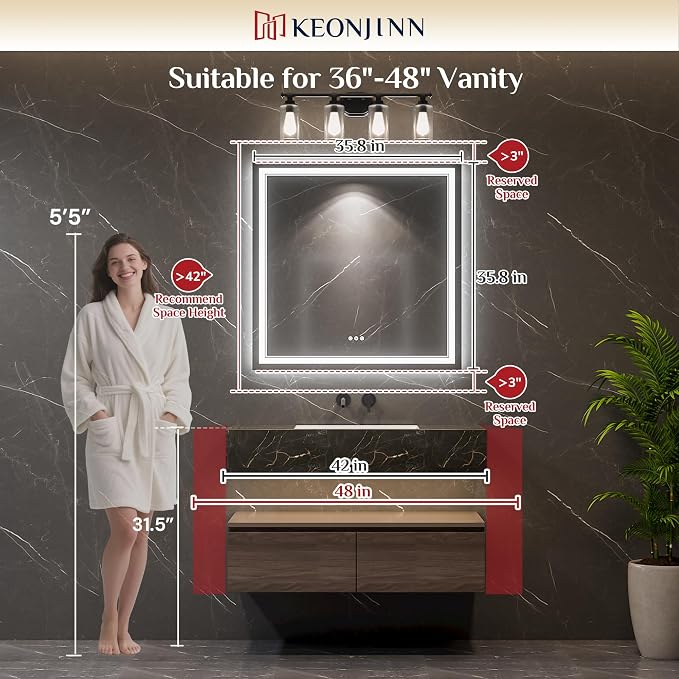 Keonjinn 36" x 36" Lighted Mirrors for Bathroom Wall, Frontlit & Backlit | Bluetooth Speaker, LED Mirror for Bathroom, HD Tempered Glass, Stepless Dimmable 3-Color Lights, Fast & Safe Defog CRI90+