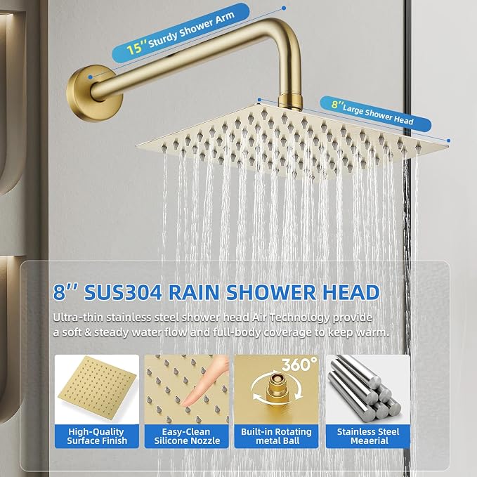Shower Faucet Set With 8" Shower Head And Handheld Gold | Wall Mounted Shower System Valve Include 2 Function