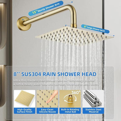Shower Faucet Set With 8" Shower Head And Handheld Gold | Wall Mounted Shower System Valve Include 2 Function