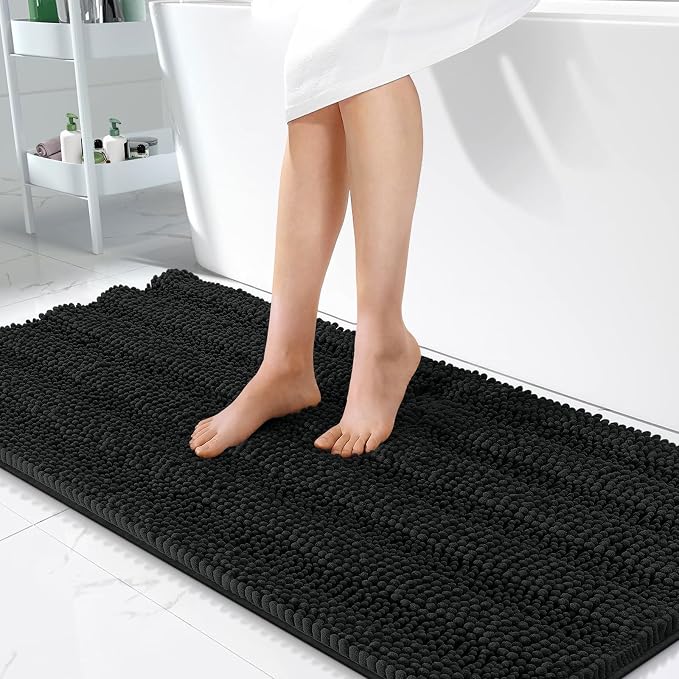 OLANLY Thick Bathroom Runner Rugs 47x24, Soft Chenille Bath Rugs, Black | Absorbent Striped, Rubber Backing, Machine Wash, Long Bath Mats for Bathroom Floor, Tub and Shower, Home Decor Accessories